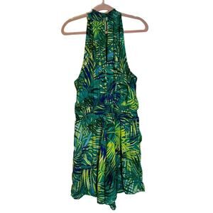 NY & Company Green & Blue Tropical Palm Design Halter Pockets Romper Size XL